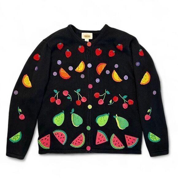 Vintage Talbots Fruit Cardigan Sz M Cottage Boho Cute Whimsy Grandma Maximalist - Picture 1 of 13